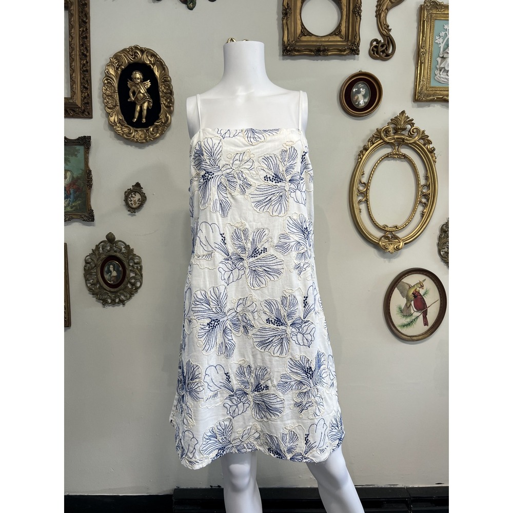 Mahina White Blue Floral Embroidered Linen Blend Spaghetti Strap Dress Siz L NWT